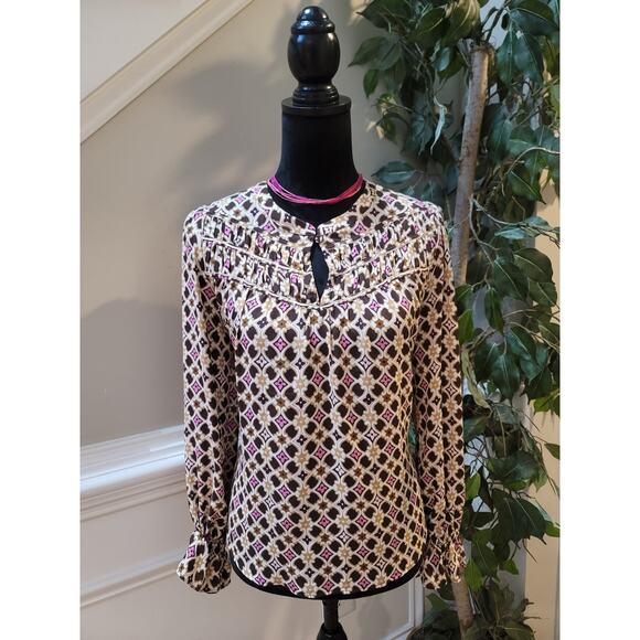Loft Blouse Women's Size XS Multicolor Geometric Print Long Sleeve Keyhole Top - Picture 2 of 11
